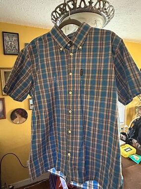 Men's Short-Sleeve Blue Plaid Button-Down Shirt